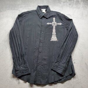 Pop Icon Long Sleeve Cotton Textured Black Shirt White Cross Graphic Men Sz XL